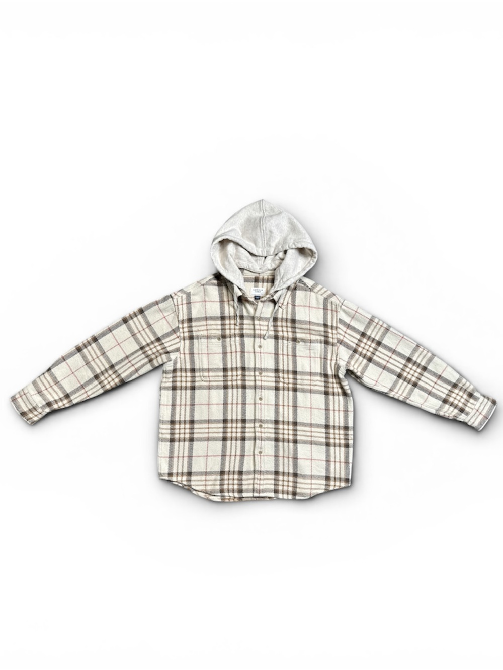AMERICAN EAGLE HOODED FLANNEL SHIRT FROSTY CREAM PLAID BAJA BUTTON UP SHACKET - Picture 2 of 13